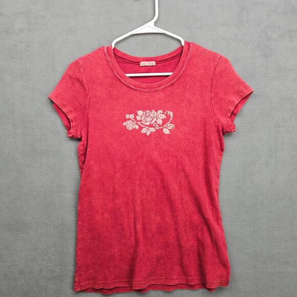 Xcit U.S.A Tops - Y2K Floral Rose Baby Tee  Acid Wash Fitted Short Sleeve Top Size L